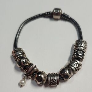 Pandora Sterling Silver Bead Charm Bracelet with Pearl Drop 9 Charms 925 ALE